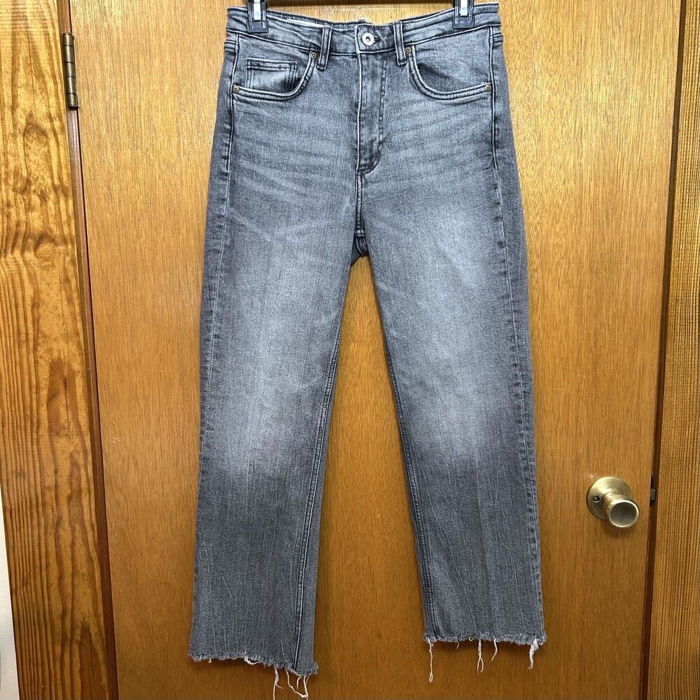 Zara Women's Gray High Waisted Frayed Raw Hem Flared Bootcut Denim Jeans Pants 6